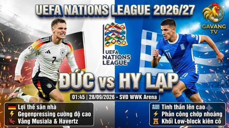 Nhận định bóng đá Đức vs Hy Lạp UEFA Nations League 2026/27 - Hình ảnh Florian Wirtz đối đầu Christos Tzolis trên Gavang TV.